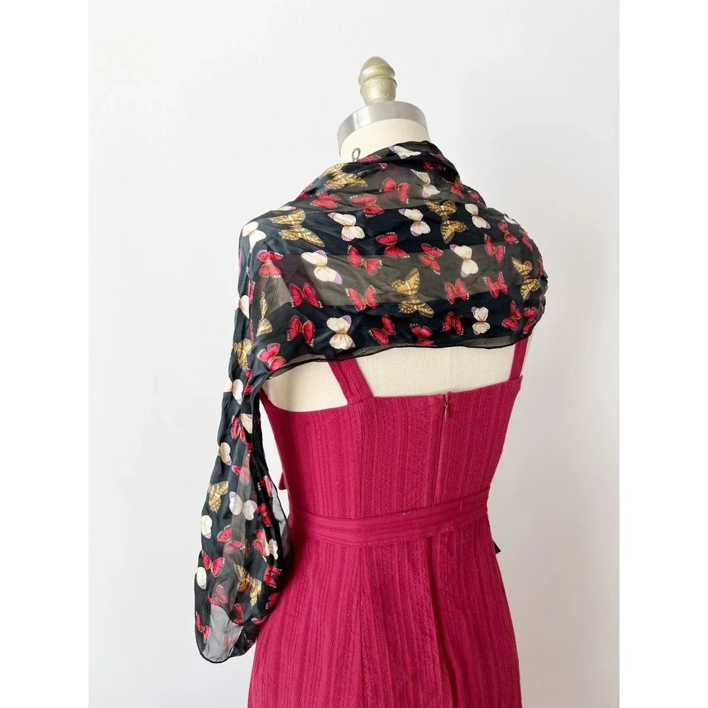 Echo Scarf Black Red Gold Butterfly Print 100% Silk Sheer Lightweight